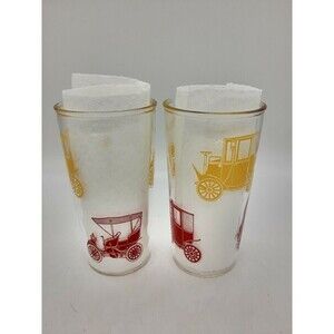 Broadway Vintage Drinking Glass W/Red & Yellow Antique Cars 5.75"T x 3"Dia